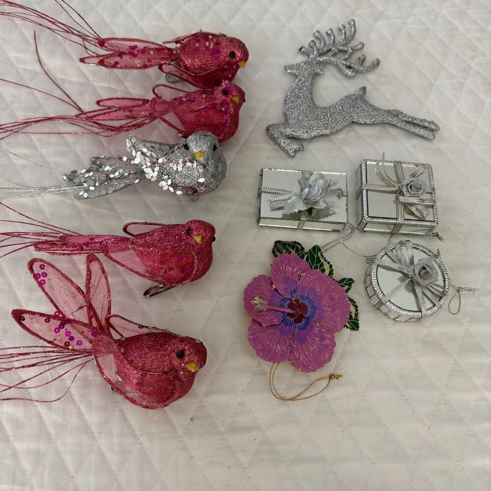 Christmas Ornaments Birds, Mirrored Gift boxes, Reindeer, Orchid
